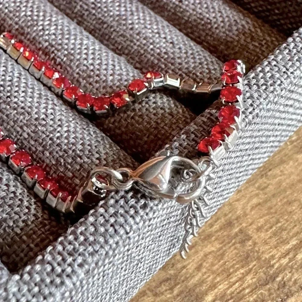 Waterproof Ruby Red Colored CZ Stainless Steel Tennis Bracelet July Birthstone - Picture 3 of 4